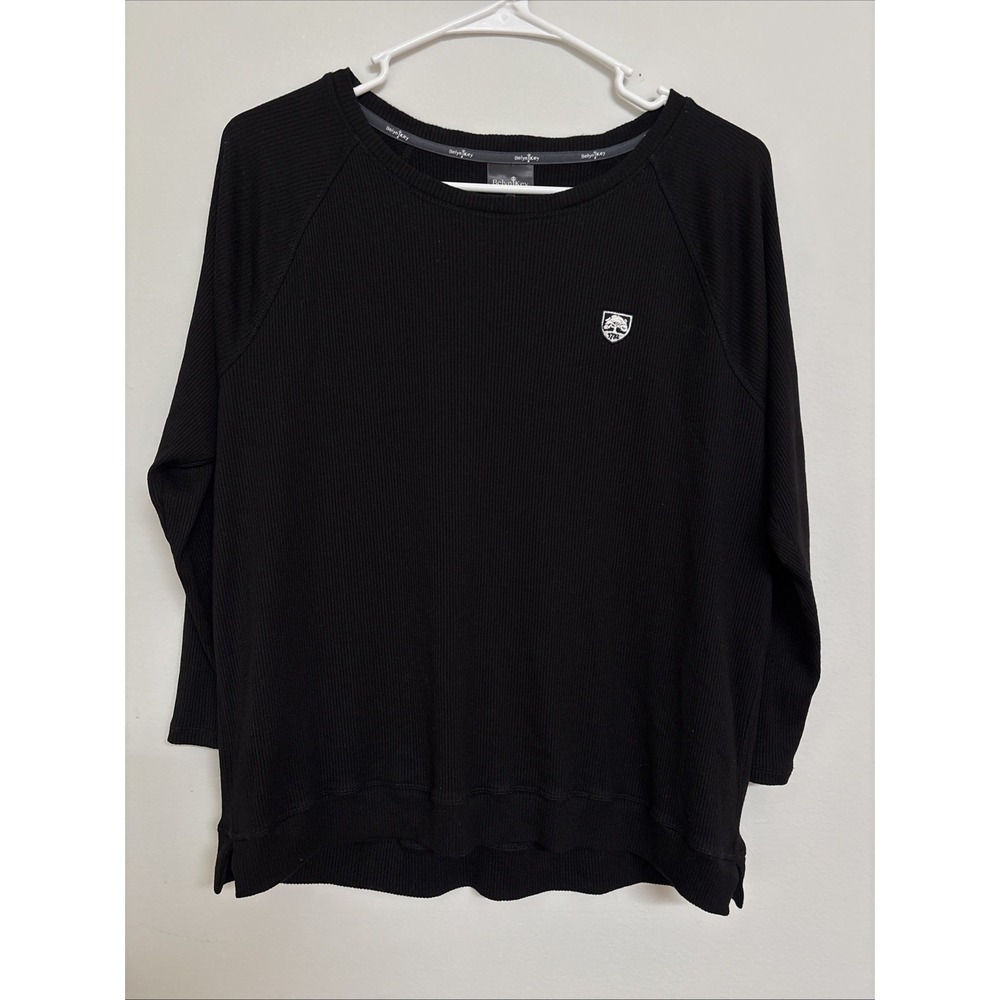 Belyn Key Womens Black Ribbed Golf Top Short Sleeve Stretch Shirt Crest Logo